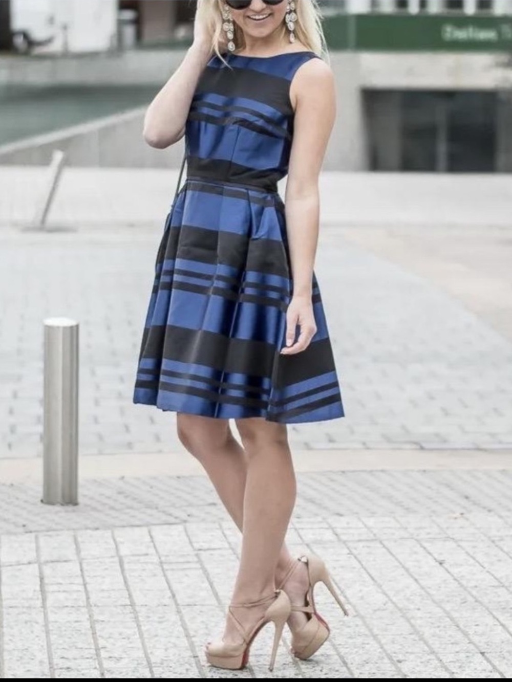Southern Tide Fit and Flare Stripe Satin Dress Blue Black - Picture 14 of 16